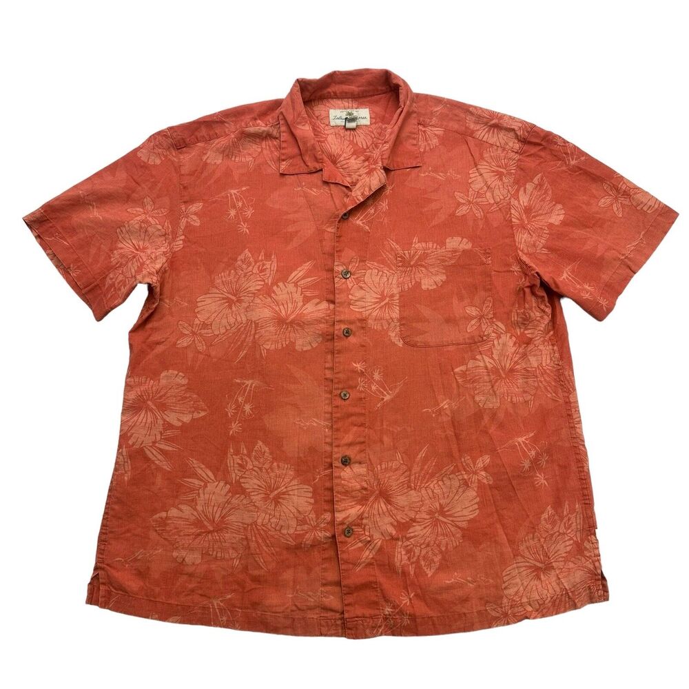 Island Shores Hawaiian Shirt Mens XL Red Floral Linen Short Sleeve Button Up